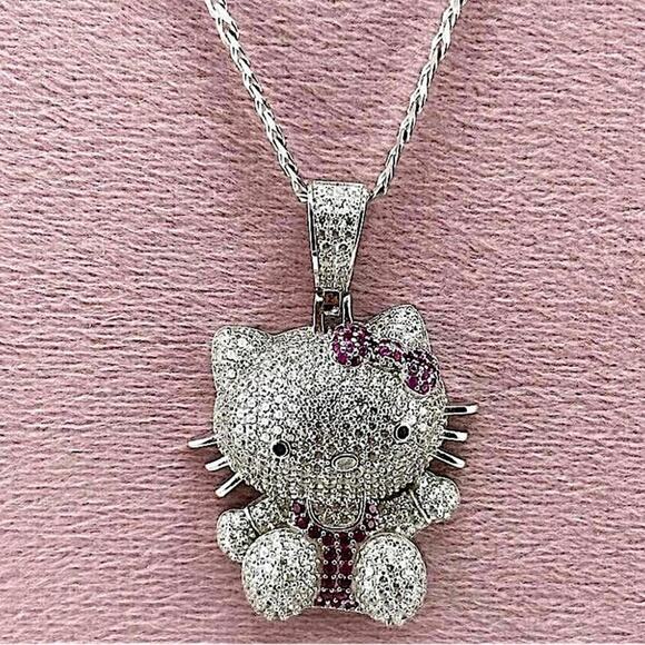 Silver Iced Out Hello Kitty Charm Pendant Necklace 3D Full Body - Picture 4 of 4